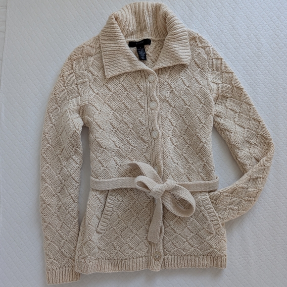 Vintage Y2K Express Womens Cream Chunky Wool Fisherman Belted Cardigan Sz M - Picture 2 of 10